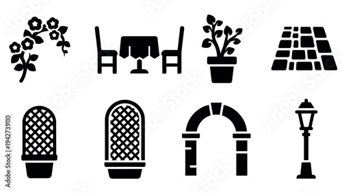 Garden silhouette elements: furniture, plants, and outdoor décor