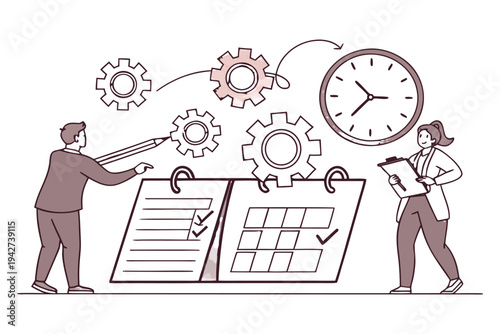Professional business team managing time and tasks with gears,
Professional Human Resources Illustration.
clock, calendar, and checklist. 
Concept of effective planning, productivity, 
Efficiency at w
