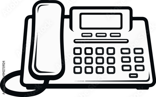 An outline illustration of a modern desktop telephone with a handset and keypad