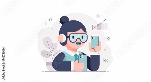 Animated woman with virtual reality glasses and phones, with graph