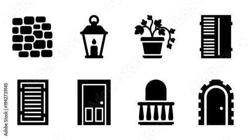 Black silhouette icons of home decor and architectural elements