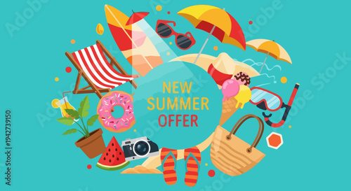 Vibrant Summer Offer Promotion Vector Illustration with Beach Items, Surfboard, Umbrella, and Donut for Holiday Sales and Marketing Campaigns