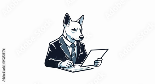 Anthropomorphic dog in a suit signing a document at a desk