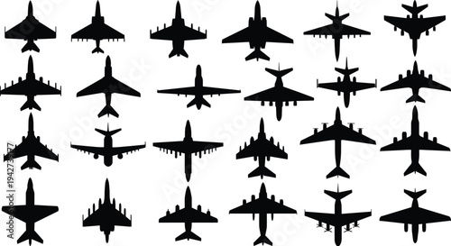 Silhouettes of diverse aircraft including fighter jets, bombers, and commercial airplanes, top‑down aviation illustration showcasing design variations, 