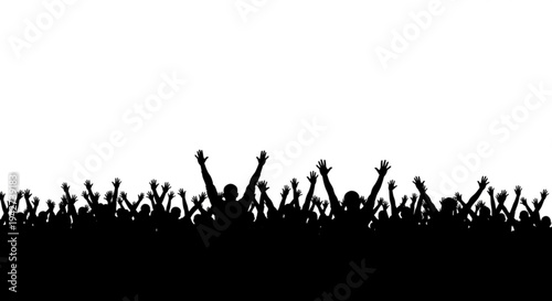 Silhouette of a cheering crowd with raised hands in a solid white background conveying excitement and celebration