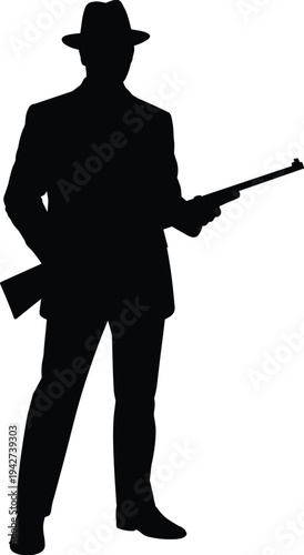 Black silhouette of a mysterious man in a suit and fedora hat holding a rifle for vintage noir themes,Black  