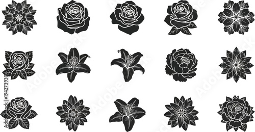 Black and white floral silhouettes on white background flowers 3