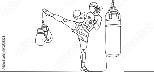 Kickboxing Fighter Training with Punching Bag and Gloves Continuous Line Drawing Martial Arts Sport Workout Vector Illustration for Fitness and Combat Design