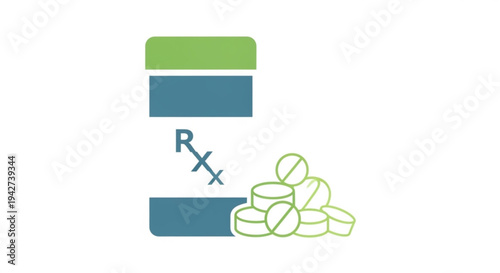 Prescription medication concept with pills and rx symbol on blue and green capsules