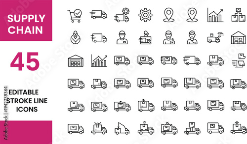 Supply chain logistics editable stroke line icon set featuring delivery trucks, warehouse, shipping, tracking, distribution and transportation symbols
