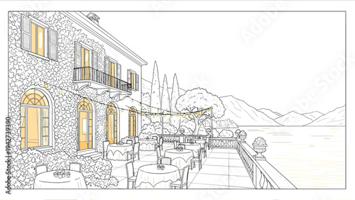 Charming lakeside villa terrace with elegant outdoor dining in linear style