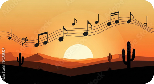Desert sunset with musical notes and cacti silhouettes at dusk