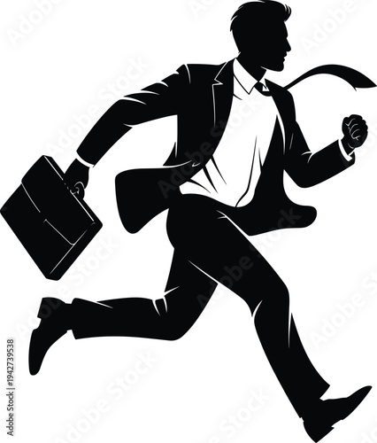 Dynamic black silhouette of a determined businessman in a suit carrying a briefcase and running fast toward career success