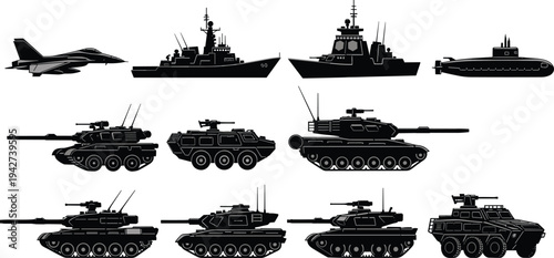 Silhouettes of military vehicles and vessels including fighter jet, naval ships, submarine, tanks, and armored personnel carriers, defense technology 