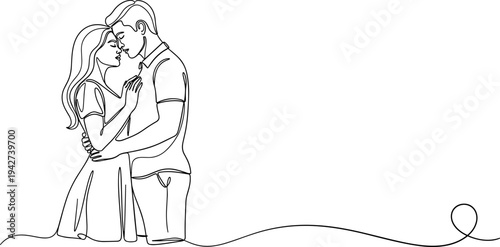 Continuous line drawing of young romantic couple in embrace, flat vector illustration of man and woman in love, minimalist wedding art
