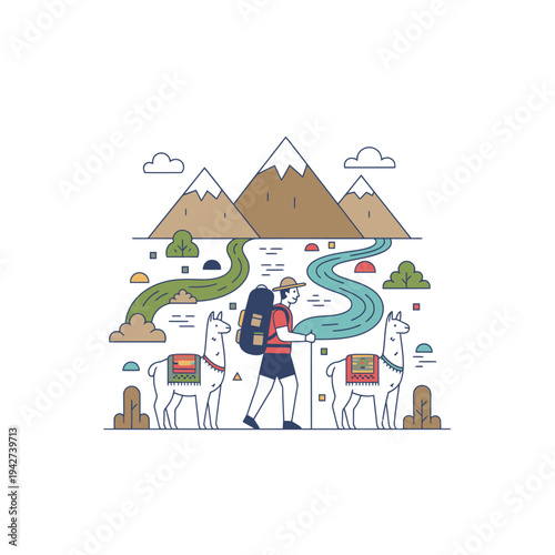 Hiker with Backpack and Llamas in Mountain Landscape.