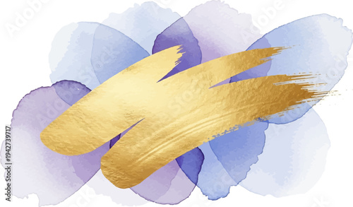 Abstract gold brushstrokes overlaying watercolor washes of purple and blue
