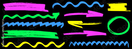 Colorful highlight with marker create underline and circle, highlight and marker brighten line, brush, pen, mark and arrow elements.