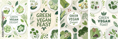 Vibrant green illustrations depicting a vegan feast with fresh vegetables.