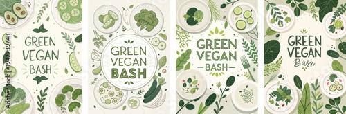 Colorful green vegan bash designs featuring fresh vegetables and vibrant plants.