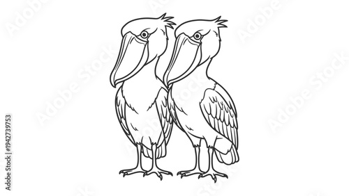 Shoebill Stroll: A pair of shoebill storks stands side by side, showcasing their distinctive and imposing appearance. The illustration highlights the unique features of these fascinating birds.
