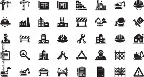 Construction, Industrial Building, and Engineering Site Glyph Icon Set
