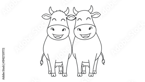 Twin Cows illustration: Two happy cows, rendered in a simple black and white line drawing, stand side by side, smiling and radiating a sense of cheerful innocence.