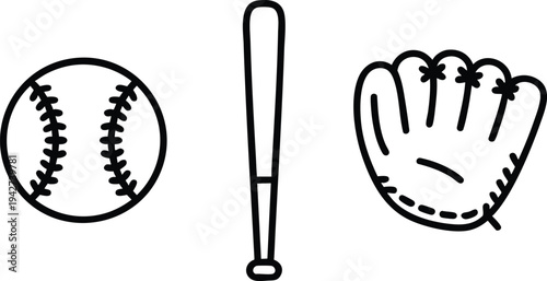 Sports Equipment Line Art Illustration, Minimalist Baseball, Bat, and Glove Graphics, vector, illustration, silhouette.