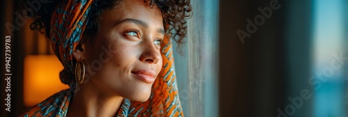 Young woman looking out window with hopeful expression