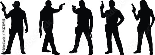 Collection of black silhouettes featuring men and women holding handguns in various tactical poses for security and defense themes,