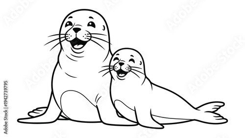 Happy Seal Duo: A delightful illustration showcases a heartwarming moment, capturing the joyful interaction between a mother seal and her playful pup. Witness their close bond.