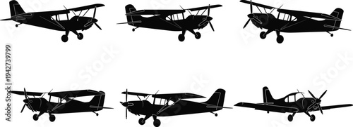 Silhouettes of small propeller airplanes in multiple designs, showcasing wing shapes, landing gear, and fuselage structures, aviation illustration for 
