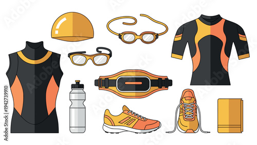 Triathlon gear essentials in modern flat design for swim, bike, and run enthusiasts