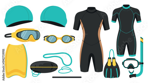 Modern swim gear essentials: wetsuits, goggles, and snorkel equipment collection