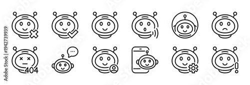 Chatbot thin line icon set. AI virtual assistant. Chat bot, smart robot communication icons. Black outline vector icon collection.