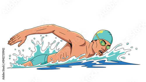 Dynamic free style swimmer in action with splashing water