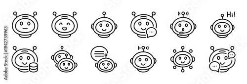 Chatbot thin line icon set. AI virtual assistant. Chat bot, smart robot communication icons. Black outline vector icon collection.