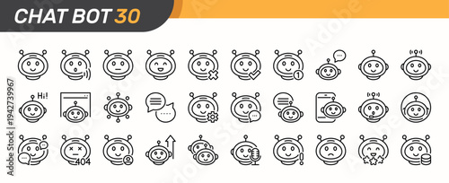 Chatbot thin line icon set. AI virtual assistant. Chat bot, smart robot communication icons. Black outline vector icon collection.
