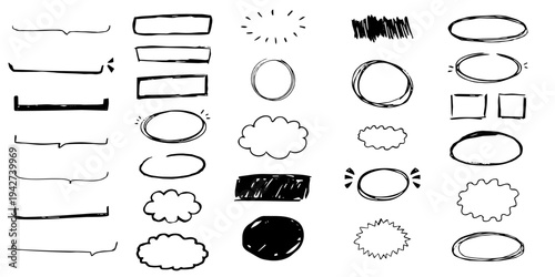 Highlight crayon scribble chalk or crayon hand drawn sketch round rough thin frames, underlines, callout. Freehand shapes doodle. Chalk pencil ellipse frames, 