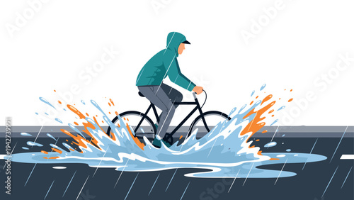 Person riding bicycle through rainy urban street with splashing water