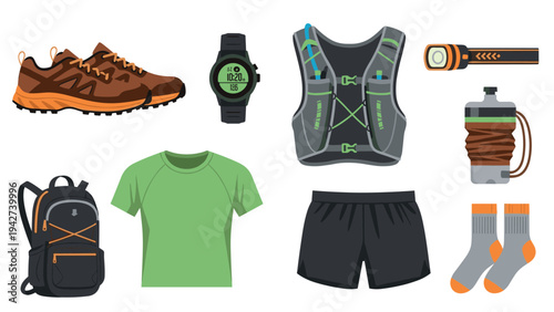 Outdoor running gear essentials for trail enthusiasts in modern flat style