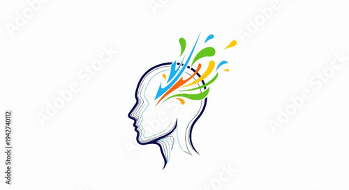 Abstract head profile with colorful thoughts bursting forth