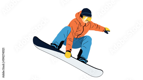 Dynamic winter action: snowboarder in motion with minimalist flat style