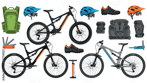 Mountain biking essentials set with gear and accessories in flat design