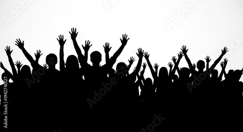 A large group of people with hands raised in the air in celebration or protest on a white background