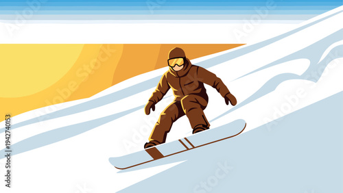 Snowboarder in motion on sunny winter slope