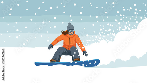 Snowboarding adventure in winter landscape with snowfall and blue sky