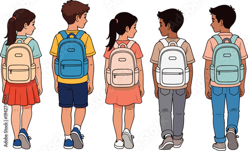 Diverse group of happy schoolchildren with colorful backpacks walking together back to school, isolated on white background, flat vector illustration