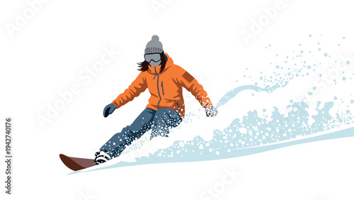 Snowboarder in motion: dynamic winter sport with splashes of snow against white background