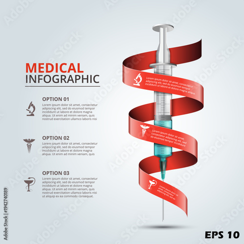 Medical Healthcare Infographic Template. Vector Illustration of a Syringe with a Wrapped Red Ribbon and Healthcare Icons for Data Presentation